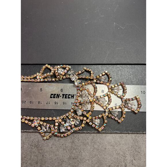 Vintage AB Rhinestone Bib Necklace Clear Glass Dangles Gold Tone - Picture 12 of 12